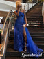 Sexy Royal Blue Tulle And Lace One Shoulder Sleeveless Side Slit Mermaid Long Prom Dresses, PD3917