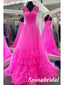 Lovely Hot-Pink Tulle Spaghetti Straps V-Neck A-Line Long Prom Dresses, PD3824