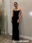 Sexy Black Soft Satin Spaghetti Straps Side Slit Mermaid Long Prom Dresses, PD3872