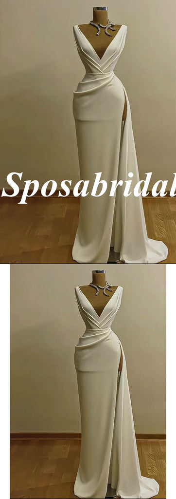 Sexy Soft Satin Spaghetti Straps V-Neck Sleeveless Side Slit Mermaid Long Prom Dresses, PD3899