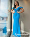 Sexy Blue Cold Shoulder V-Neck Sleeveless Mermaid Long Prom Dresses With Beading, PD3931