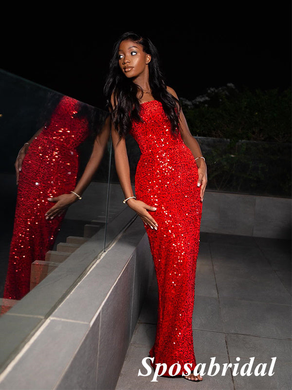 Sexy Red Sequin Sweetheart Sleeveless Mermaid Long Prom Dresses, PD3853