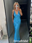 Sexy Soft Satin Spaghetti Straps V-Neck Sleeveless Mermaid Long Prom Dresses, PD3897