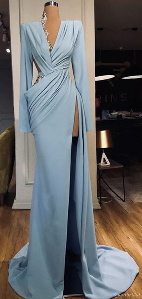 Charming Dusty Blue Long Sleeves V-Neck Mermaid Prom Dresses PD2362