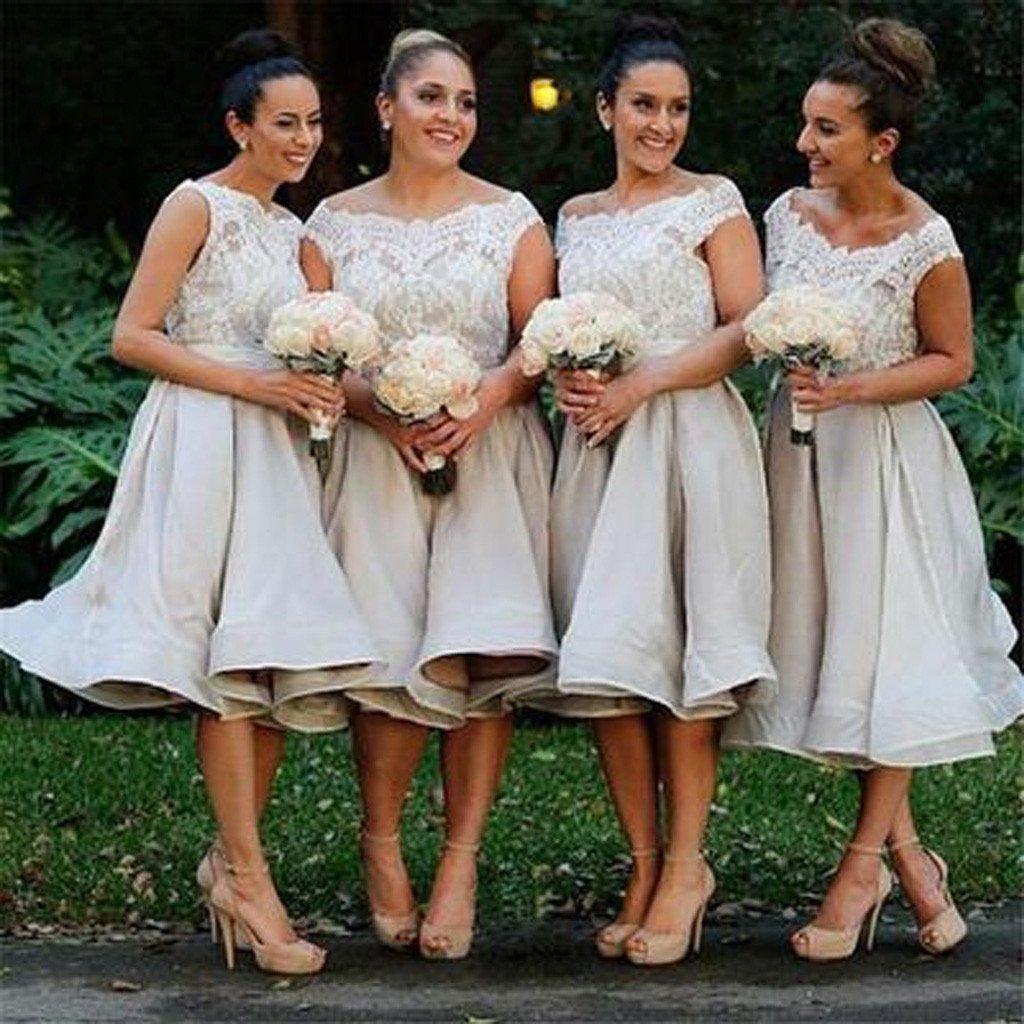 Morden Cap Sleeve Lace Organza Knee-Length Short Affordable Bridesmaid Dresses , WG117