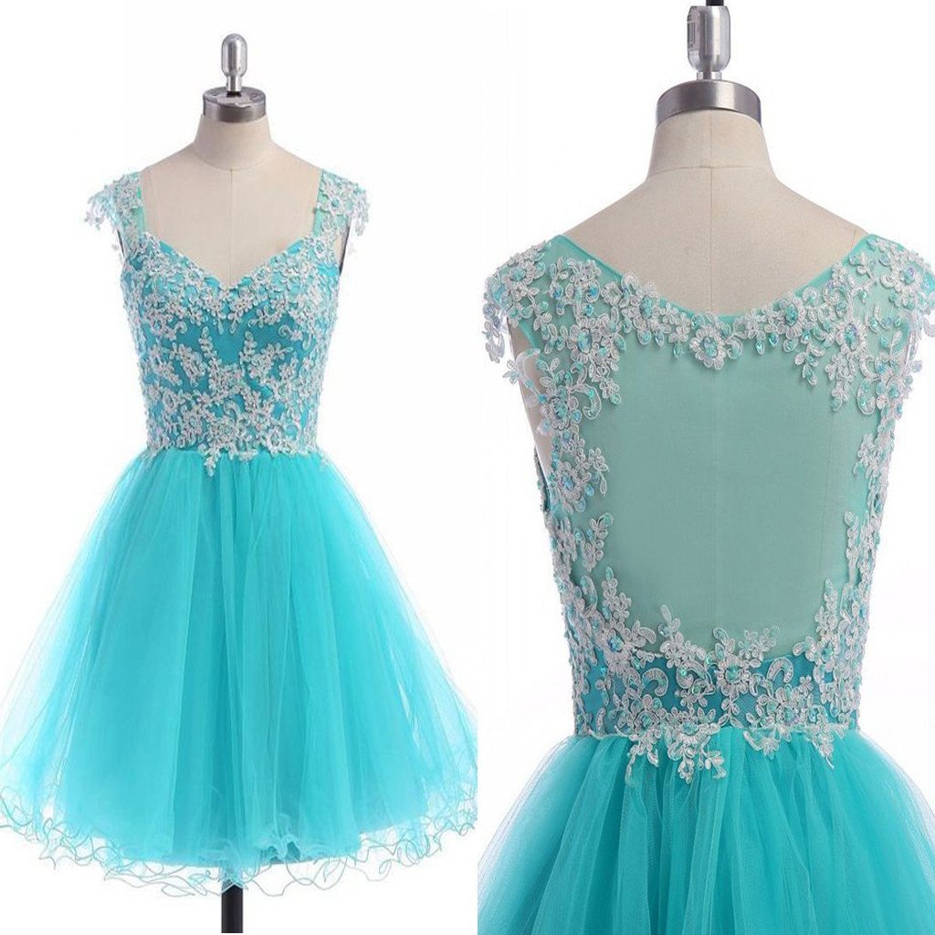 blue see through tulle cap sleeve cute casual cocktail freshman homecoming gowns dress,BD00118 - SposaBridal