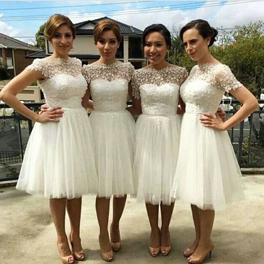 Beautiful Cap Sleeve White Tulle Short Sleeve Knee Length Wedding Party Dresses, WG140 - SposaBridal