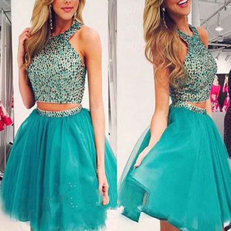 New Arrival turquoise two pieces beaded off shoulder casual homecoming prom dress,BD00143