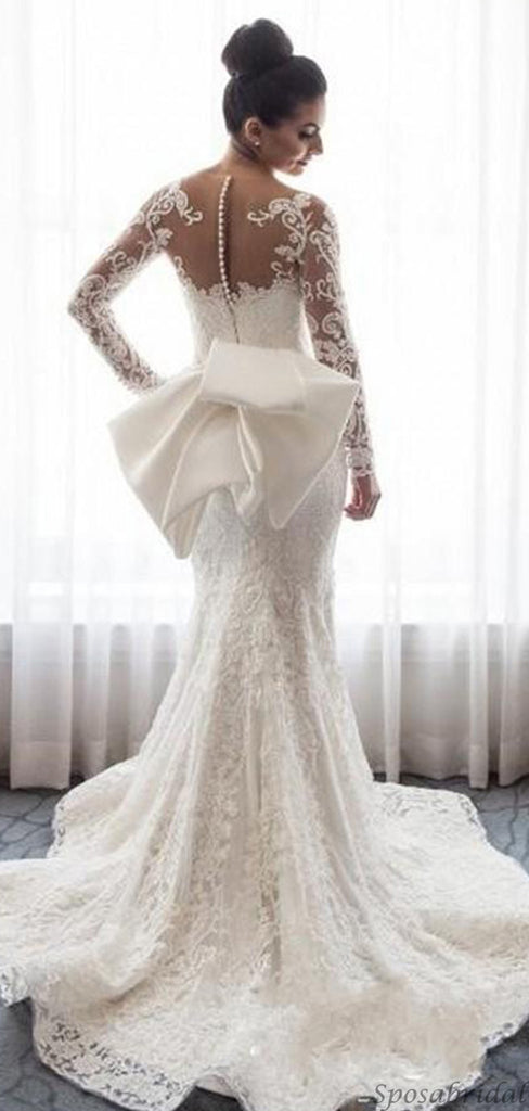 Luxury Lcae Sweetheart Long Sleeves Bow Mermaid Long Wedding Dresses, WD0573