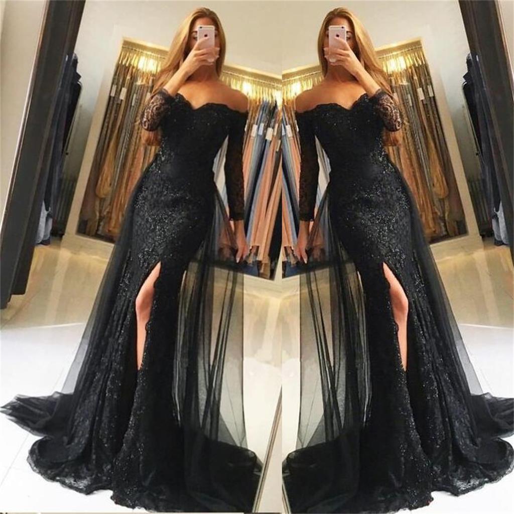 Black Lace Tulle Newest Mermaid Prom Dress, Long Sleeves Prom Dresses, Evening Dress, PD0443 - SposaBridal