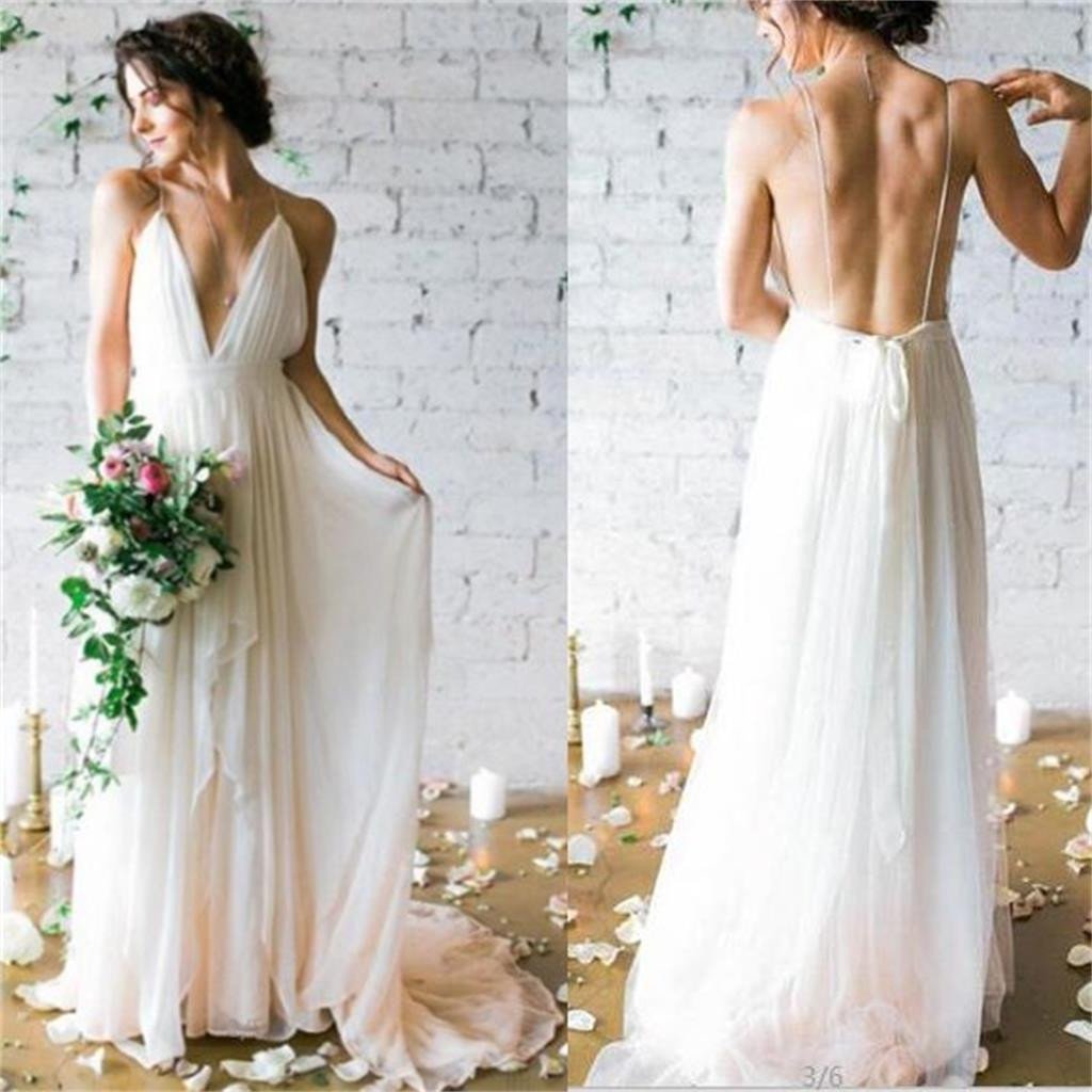 Charming Simple Deep V-neck Beach  backless Most Popular Wedding Dresses, WD0185 - SposaBridal