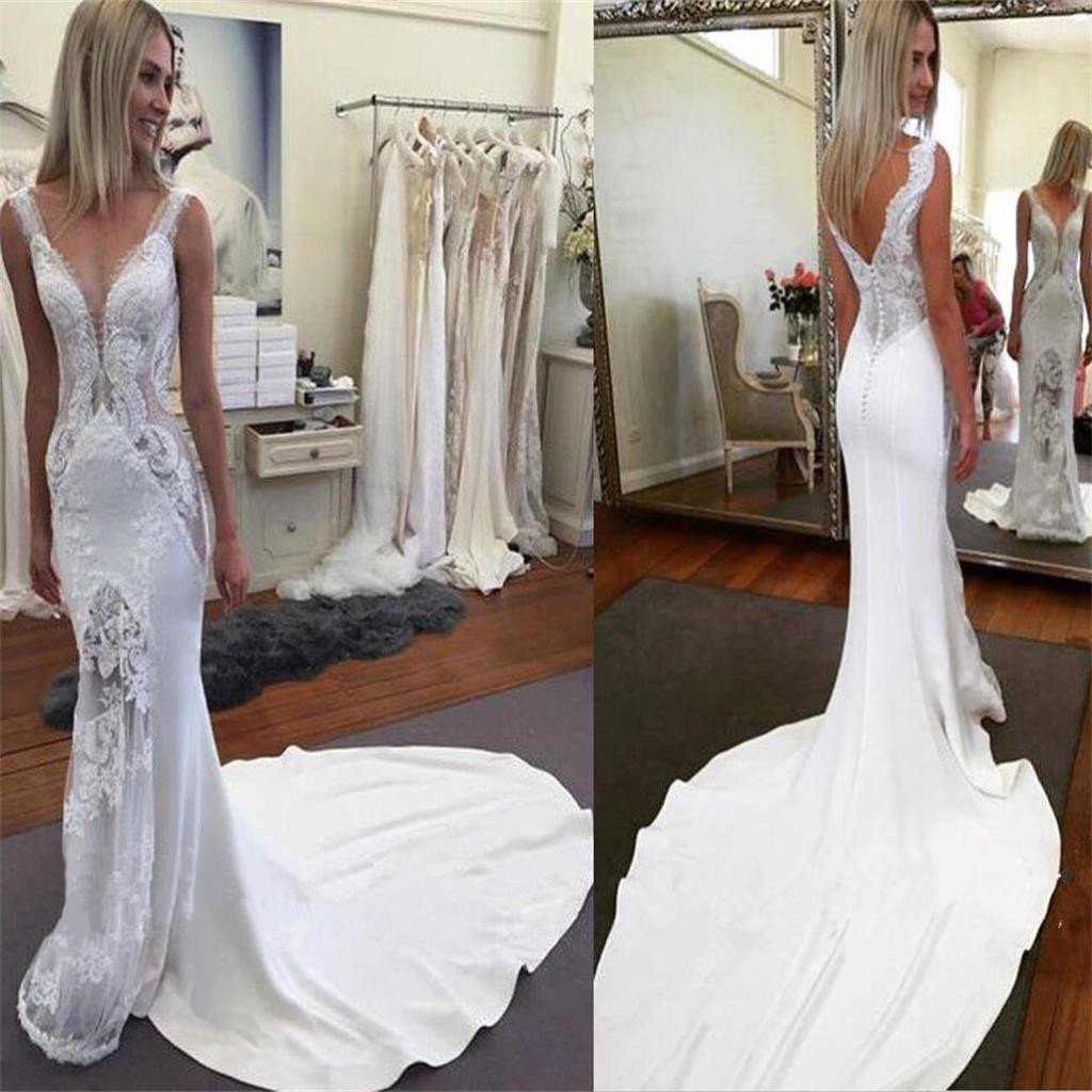 Sexy V Neck White Ivory Mermaid Lace New Design Wedding Dresses , Wedding Gown, PD0275