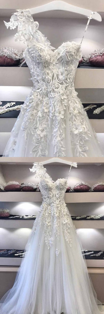 Long Unique One Shoulder Applique Elegant Beach A-line Wedding Dresses, WD0097