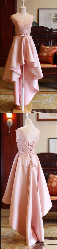 Pink Lace High Low Unique Lace Up Party Dresses, PD0414