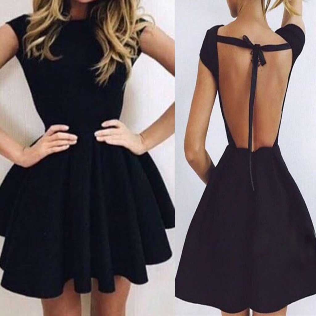 Short sleeve black mini open back unique sexy charming homecoming prom dress,BD0024