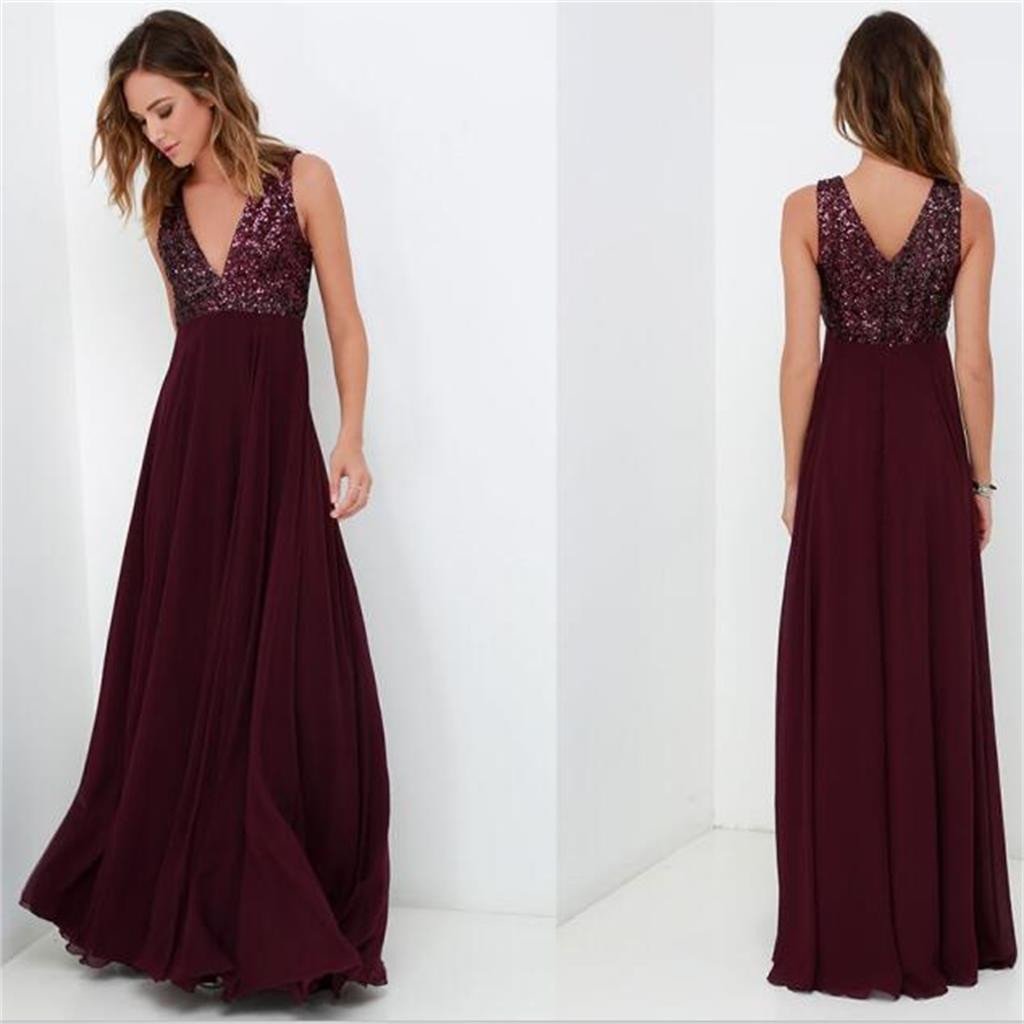 A-line long v-neck top sequin simple cheap chiffon prom dress, charming bridesmaid dress , PD0215 - SposaBridal
