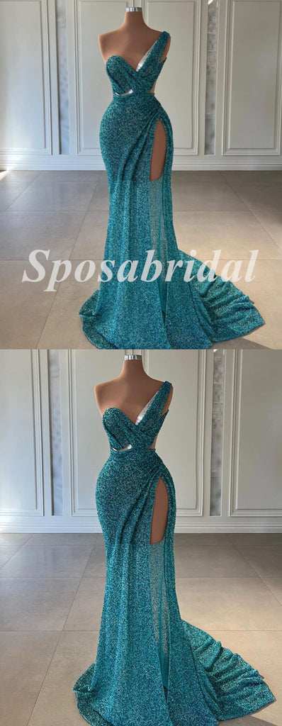 Sexy Tulle And Sequin Lace One Shoulder V-Neck Sleeveless Side Slit Mermaid Long Prom Dresses,PD3686