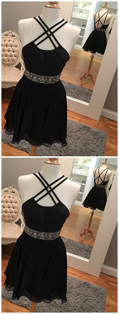 Sexy Backless Short Rhinestone Black Homecoming Dresses, CM485