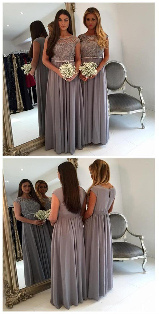 Modest Cap Sleeve Lace Grey Floor-Length Chiffon Wedding Guest Dresses, WG44