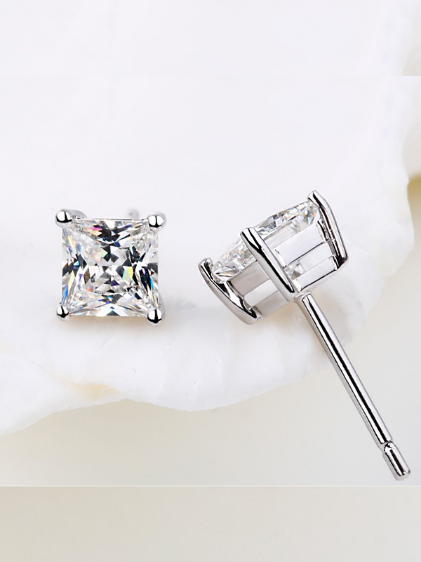 Platinum Plated Sterling Silver Cushion Cut Cubic Zirconia Stud Earrings, GIFT03