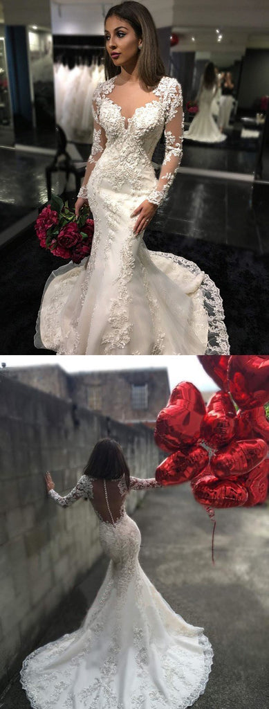 Long Sleeves Charming Mermaid Bridal Dresses Tulle Appliques Wedding Dress , PD0222