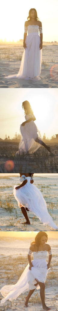 Bateau Short Sleeve White  Wedding Dress Latest Simple Lace Summer Beach Bridal Gowns , PD0224 - SposaBridal