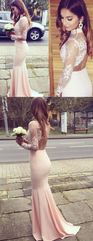 Long Sleeves Mermaid Open Back High Neck Pretty Bridesmaid Dresses  ,Formal Prom Dress ,PD0261