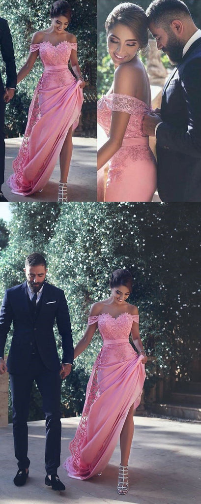 Pink Off Shoulder Lace Detachable A Line Long Arabic Long Prom Dress, PD0268