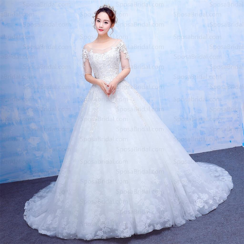 Long Half Sleeves Scoop A-Line Wedding Gown, beautiful Fashion New Arrival Wedding Dresses, WD0225