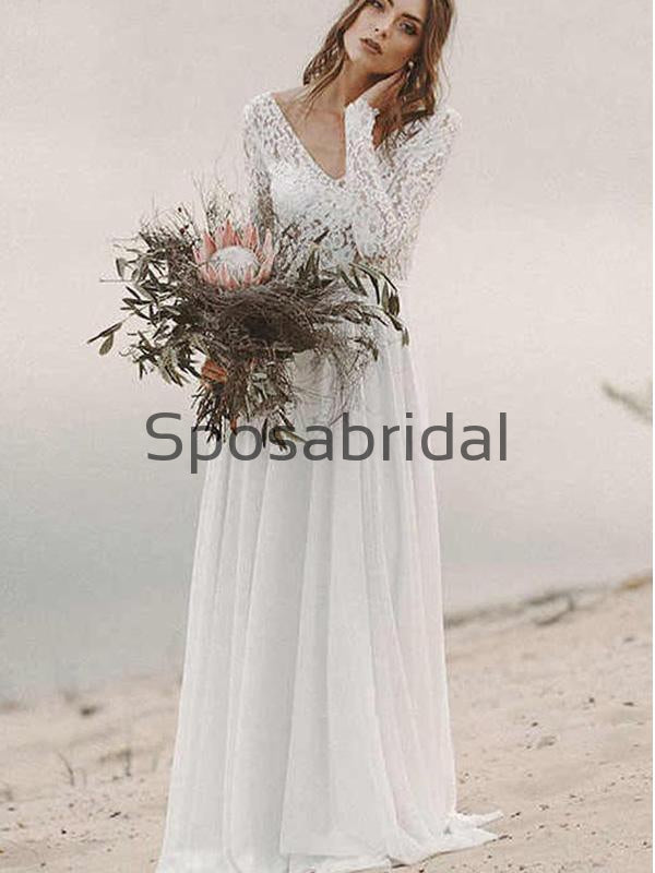 A-line Long Sleeves Chiffon Lace Vintage Long Wedding Dresses WD0536