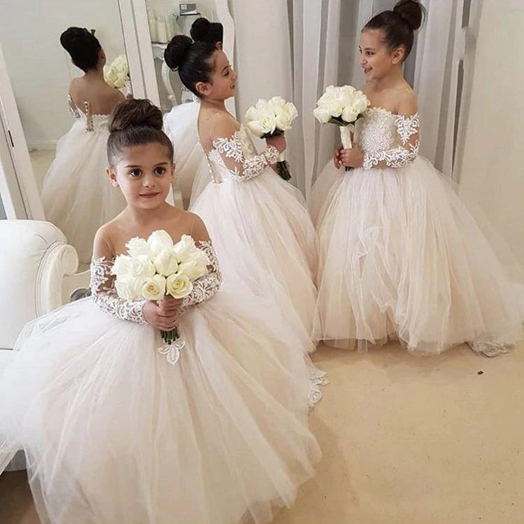 A-line Long Sleeves Lace Tulle Hot Sale Flower Girl Dresses FG148