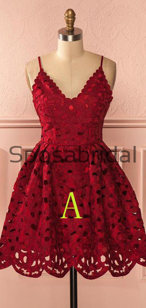 A-line Red Navy Blue Spaghetti Straps Lace Short Homecoming Dresses BD0432