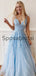 A-line Straps Blue Lace Long Elegant Modest Prom Dresses PD2263