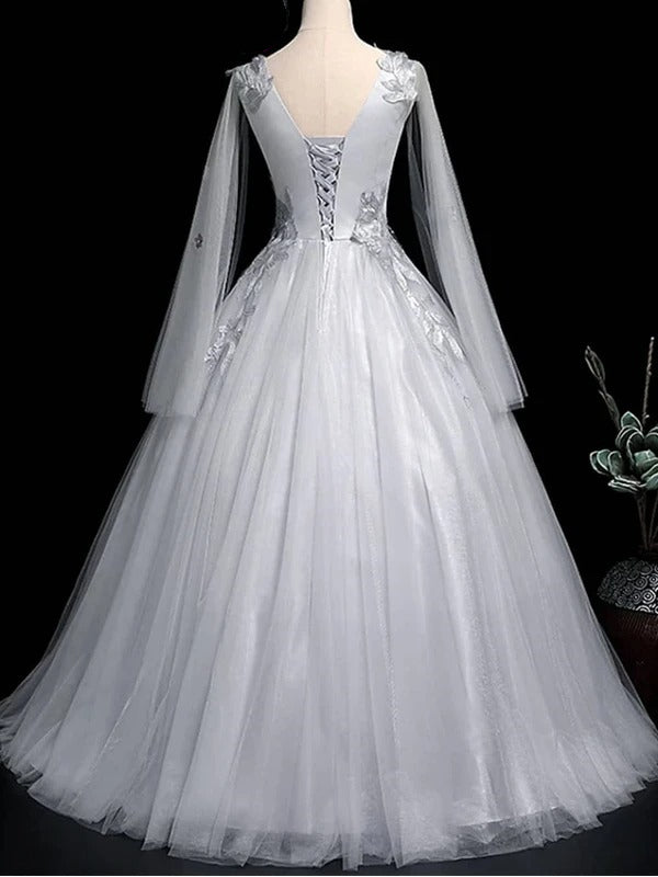 Elegant Vintage V-neck A-line Long Sleeve Tulle Lace Wedding Dress, WD3002