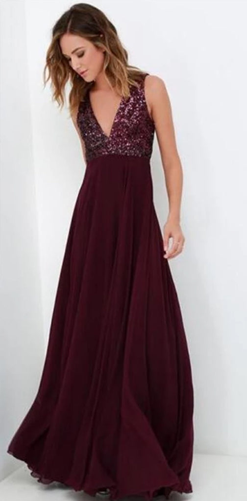 A-line long v-neck top sequin simple cheap chiffon prom dress, charming bridesmaid dress , PD0215
