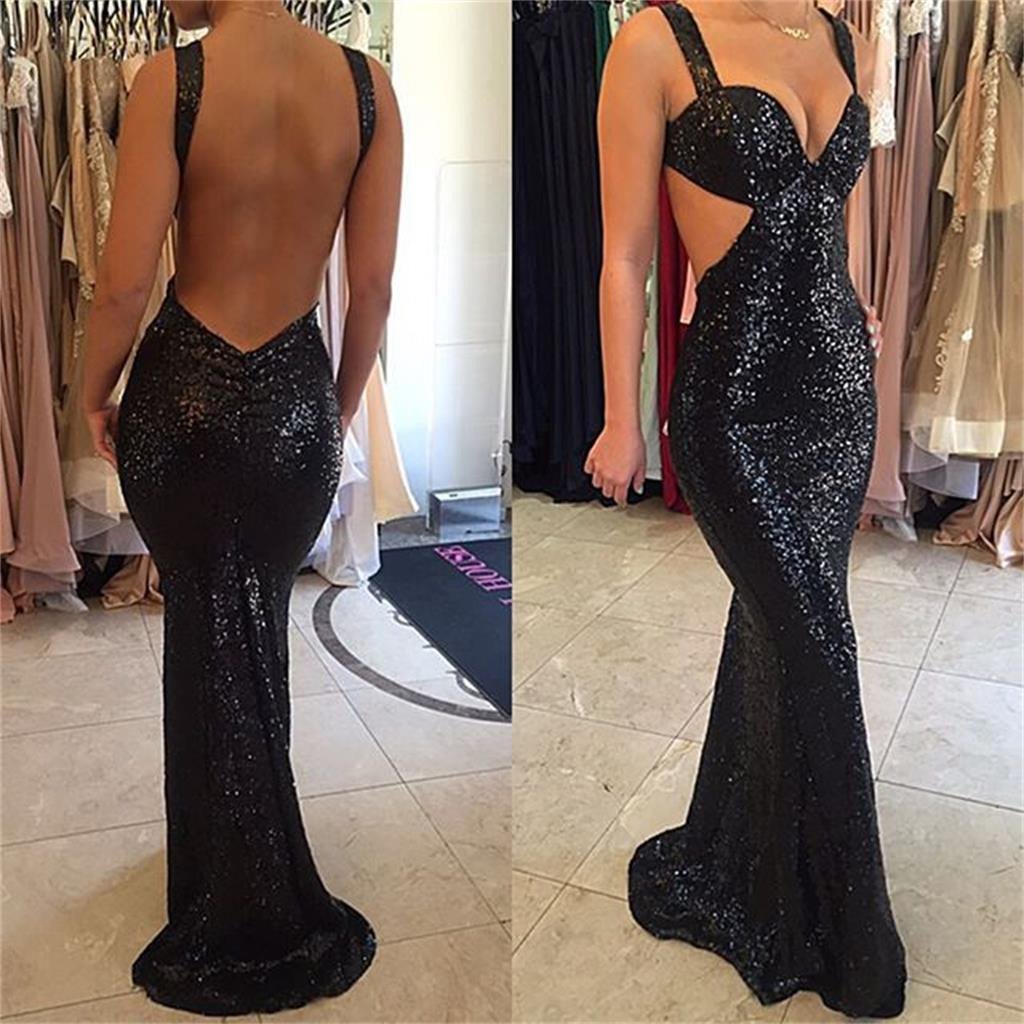 Black Sequined Sparkle Sexy Backless Party Cocktail Evening Long Prom Dresses Online,PD0200 - SposaBridal