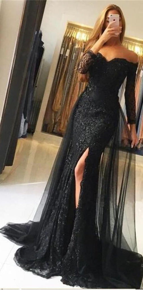 Black Lace Tulle Newest Mermaid Prom Dress, Long Sleeves Prom Dresses, Evening Dress, PD0443