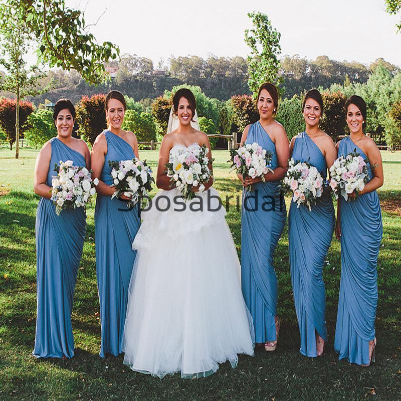 Blue One Shoulder Jersey Simple Beach Long Bridesmaid Dresses WG808