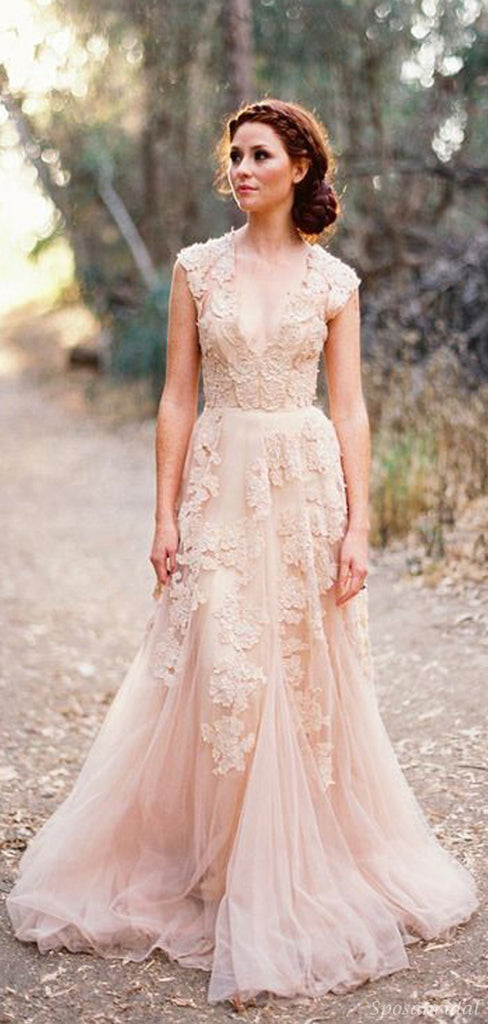Charming Blush Pink Lace Sexy V-neck Long Sheath Tulle Wedding Party Dresses, WD0139