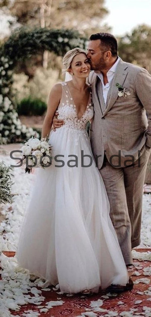 Elegant A-Line V Neck Tulle Long Beach Wedding Dresses With Appliques WD0541