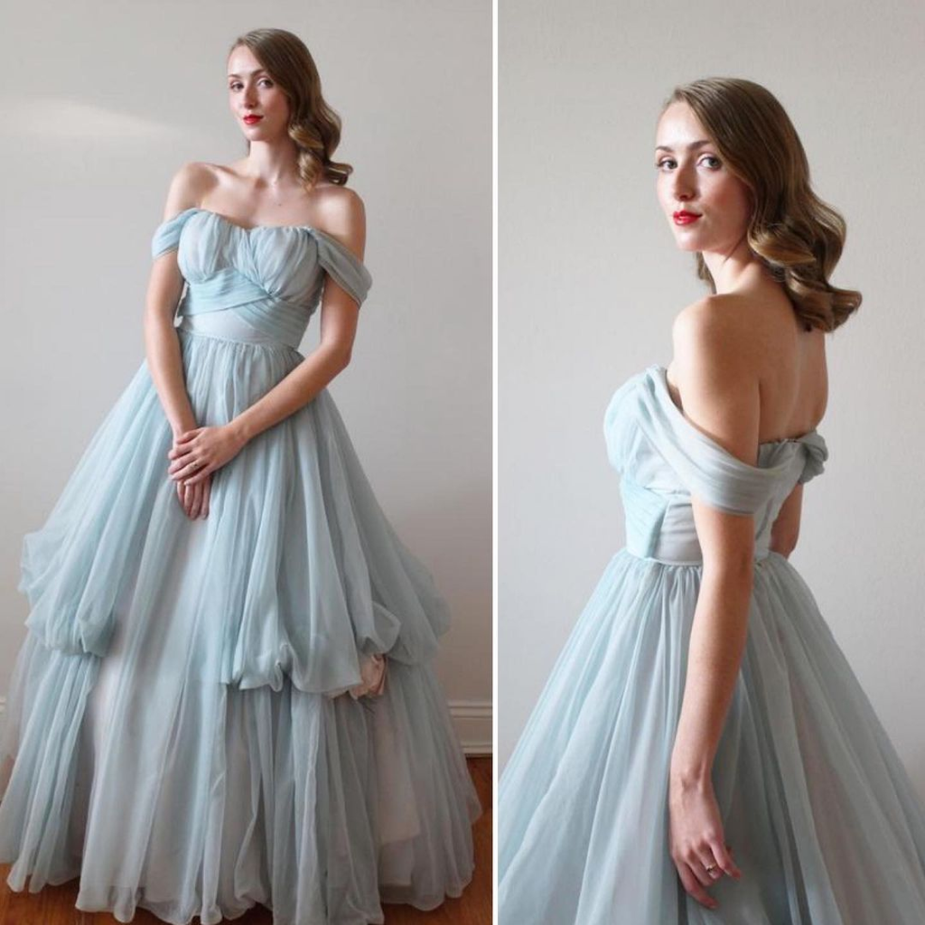 Elegant Vintage Off-shouler A-line Baby blue Tulle Long Prom Dress, PD3082
