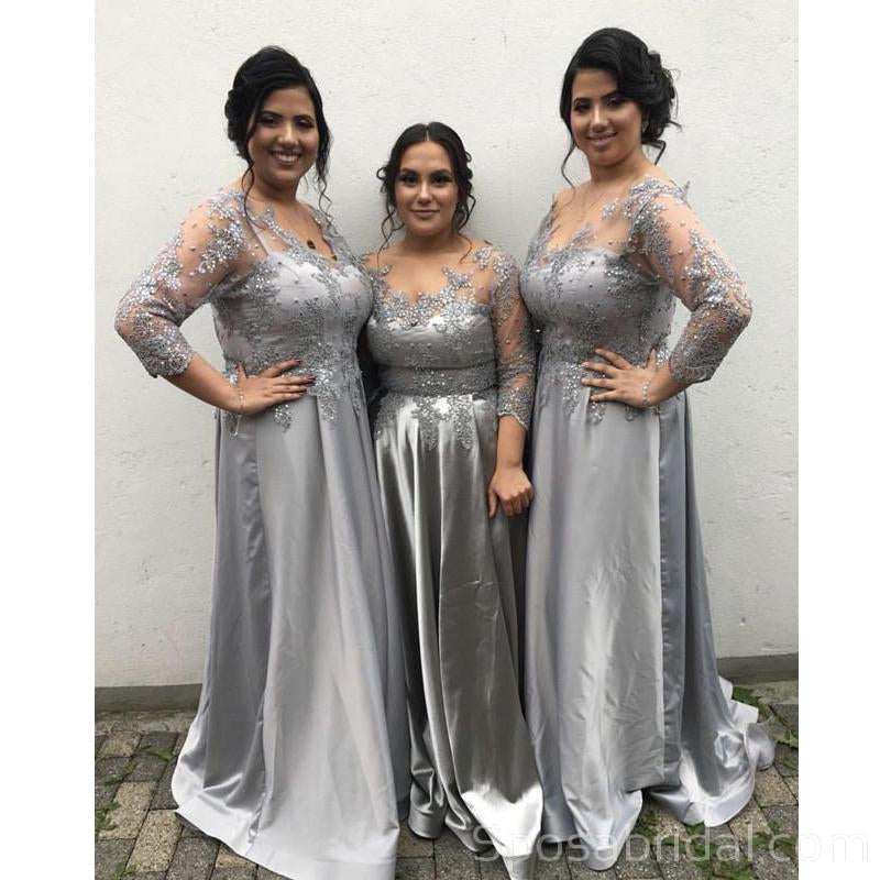 Grey Silver Aline Fomrla Popular Plus Size Modest Lace Appliques Bridesmaid Dresses, WG536