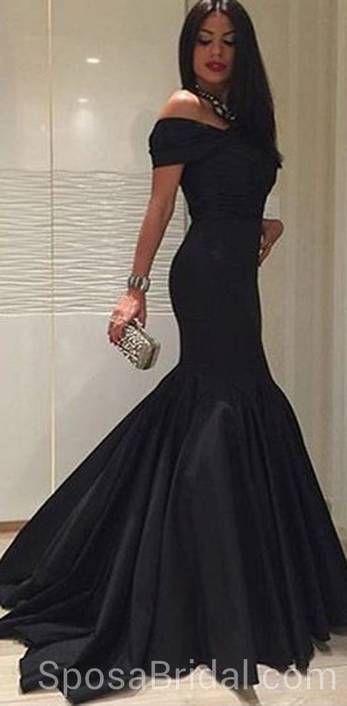 Off the Shoulder Mermaid Black Long Sexy Modest Simple Long Prom Dresses, PD1297