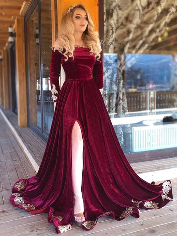 Elegant Burgundy Velvet Off-shoulder Long Sleeves Appliques Side-slit A-line Prom Dress, PD3167