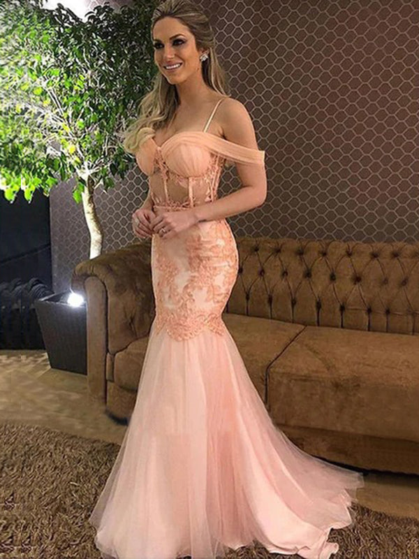 Sexy Blush Pink Off-shoulder Corset Top Mermaid Lace Long Prom Dress, PD3213