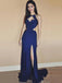 Sexy Navy Blue Unique Style Heart Open Back Side-slit Long Mermaid Prom Dress, PD3277