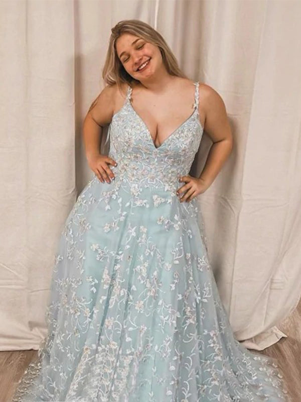 Spaghetti Straps Pale Blue V-neck Lace A-line Long Prom Dress Plus Size, PD3344