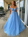 Sexy Sparkly Sky Blue Off-shoulder Floral Top A-line Long Prom Dress, PD3448