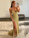 Gold Sexy Sequin Spaghetti Straps Side-slit Mermaid Long Prom Dresses, PD3459