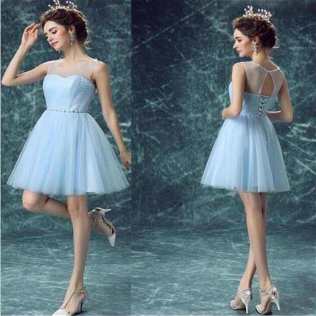 Light Blue Illusion Tulle Cute homecoming prom dresses, CM0017